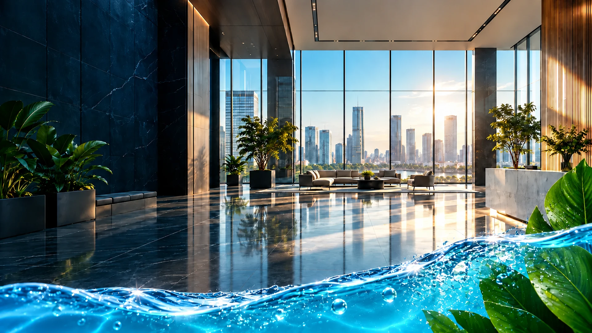Light-filled commercial lobby with polished stone floors and floor-to-ceiling windows