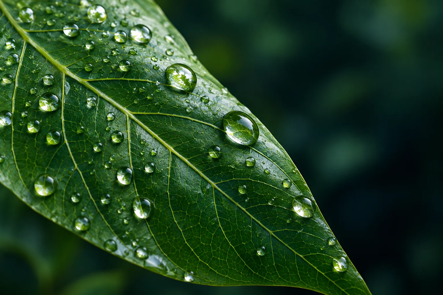 Clear water droplets on a green leaf